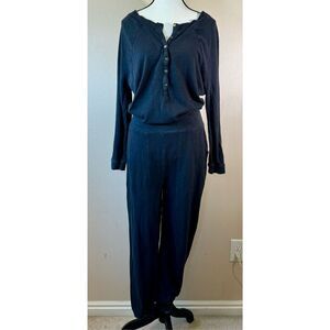 Free People FP Beach Long Sleeve Waist Tie Button Up Front Black Jumpsuit Small